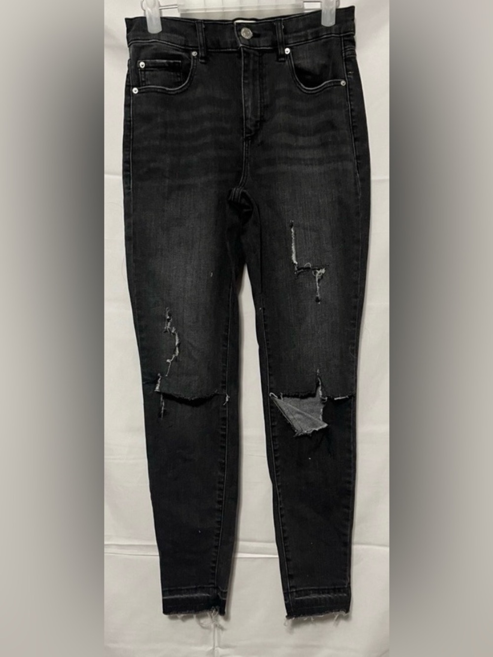 Garage Distressed High Rise Skinny Jeans Dark Grey Washed Raw Hem